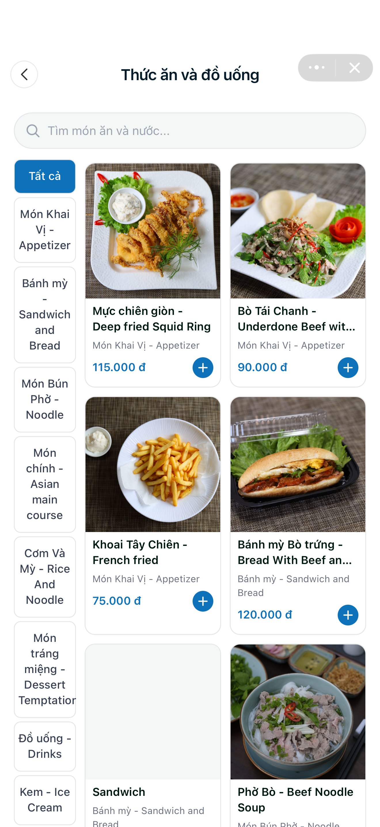 Giao diện đặt thức ăn và đồ uống trên Zalo Mini App Blue Diamond